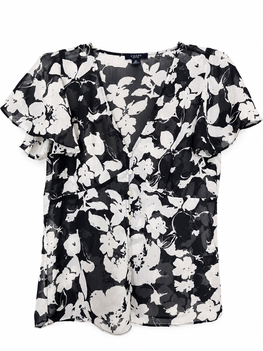 Chaps Sheer Chiffon Black & White Floral Button-Front V-Neck Blouse size M